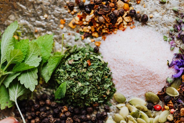 fresh herbs and spices-Lemon balm, black pepper, and pumpkin seeds