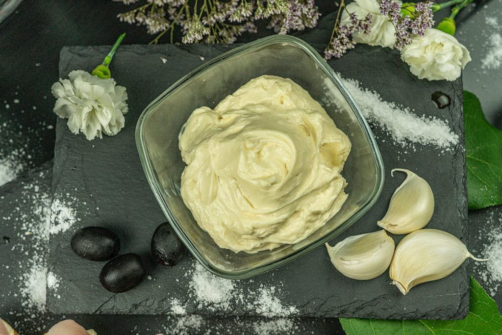 Homemade garlic sauce served in a bowl