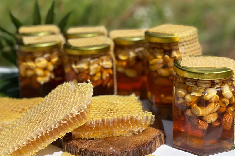 honeycombs with jars of honey and garlic