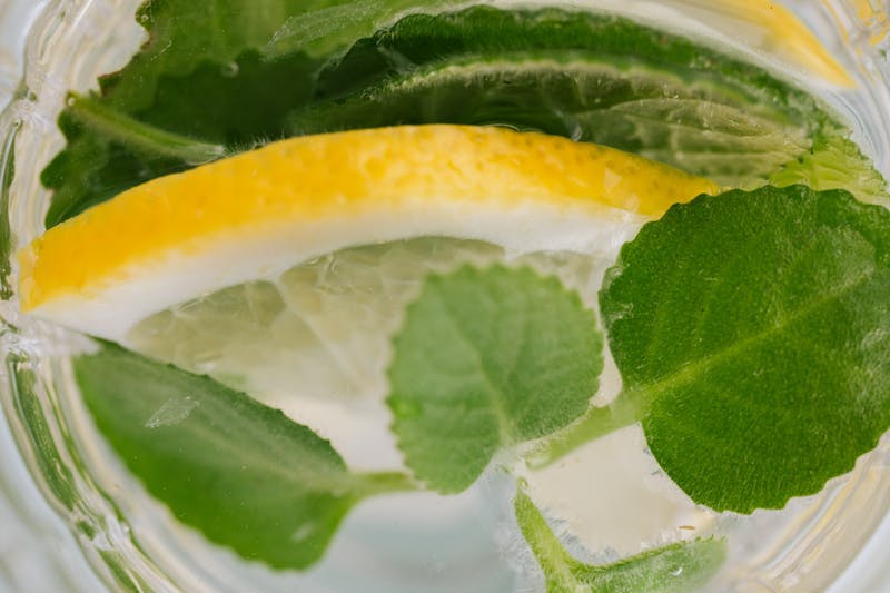 water with fresh lemon balm leaves and lemon slices